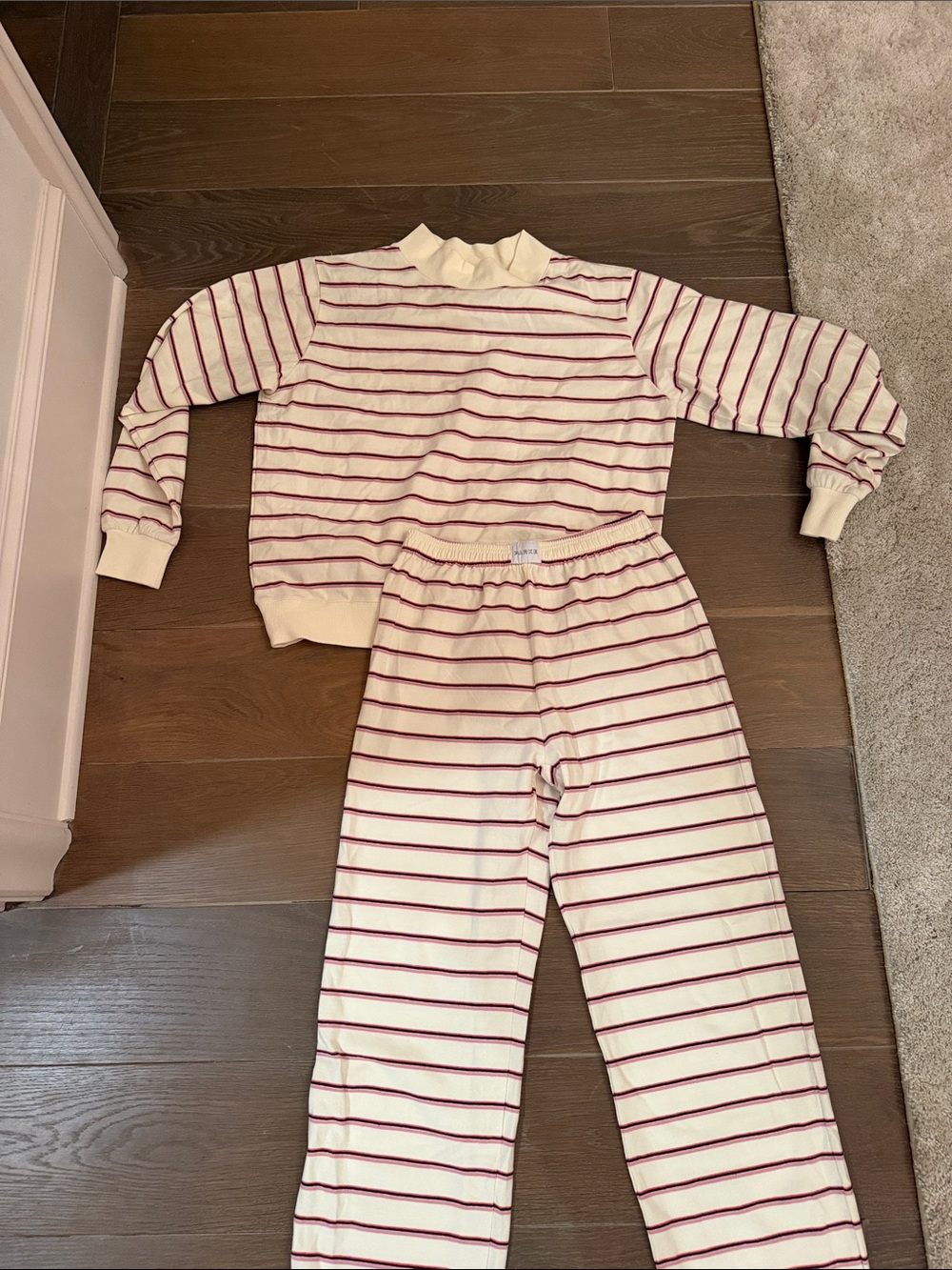 Cream and Burgundy Stripe Women's Pajama Set - Cozy Long Sleeve Top & Pants